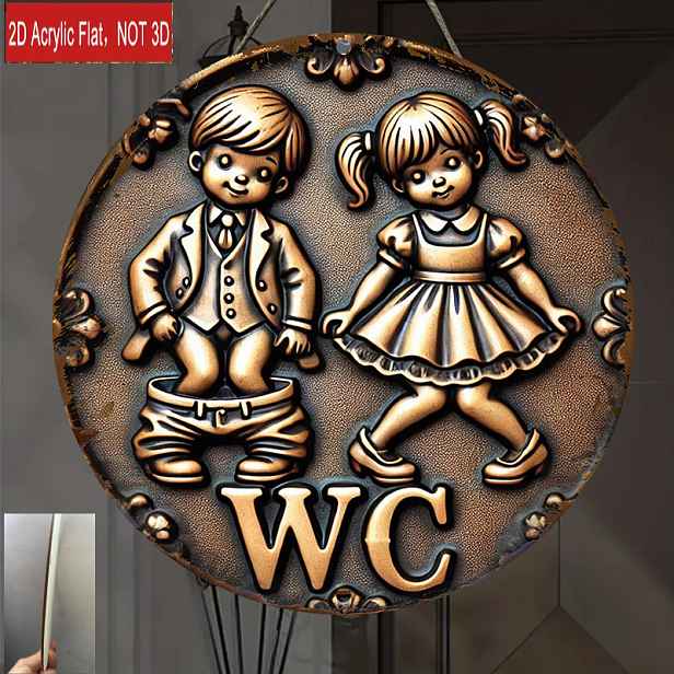 TEMU 2D plochá cedule - 2D plochá cedule s designem starobylého dřevěného kulatého "WC", rozměry 19,99 x 19,99 cm, vhodná pro domácí, kavárenské a