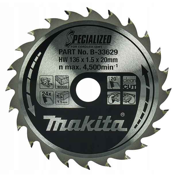 Řezací Kotouč Na Dřevo 136x20mm 24Z Makita B-33629 náhradní B-21995