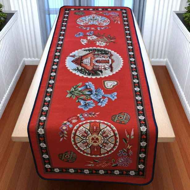 Rustikální gobelínový ubrus s motivem chaty a květin 47 x 140 cm