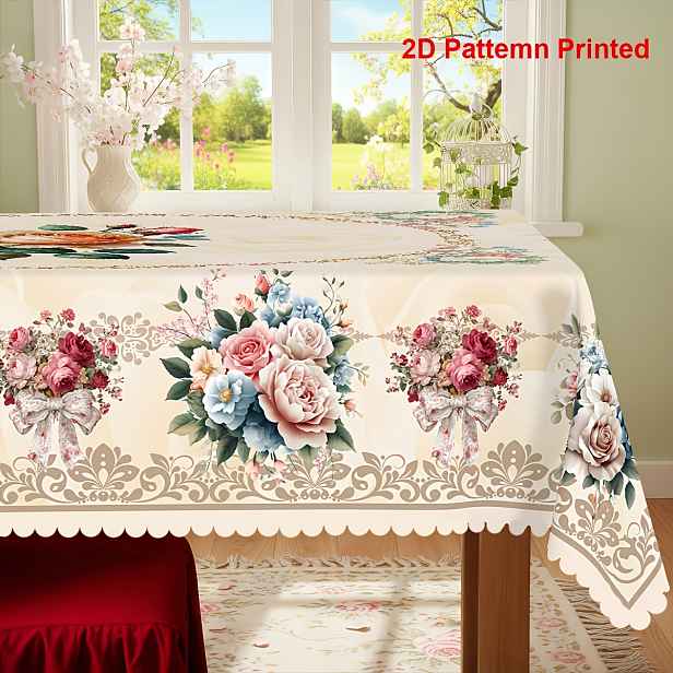 TEMU 1ks Jarní letní tematický ubrus na párty | Valentýnský den Den mašlí, růží a květinovým potiskem, kulatý ubrus, reliéfní okraje, polyester,