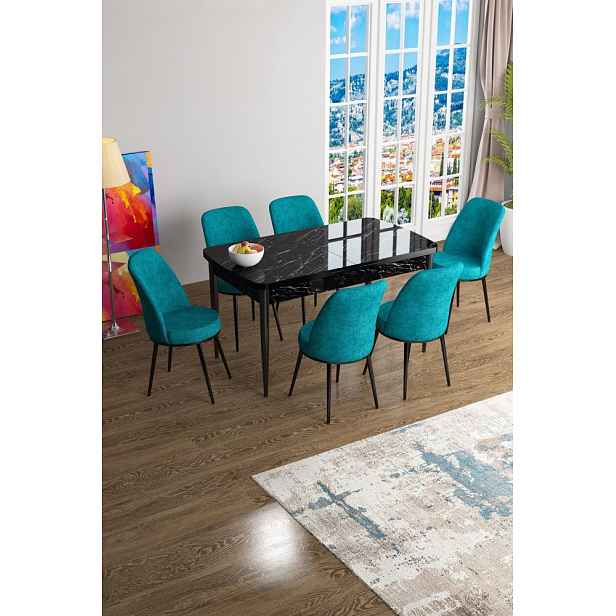 Extendable Dining Table & Chairs Set (7 Pieces) Han - Black Marble, Turquoise