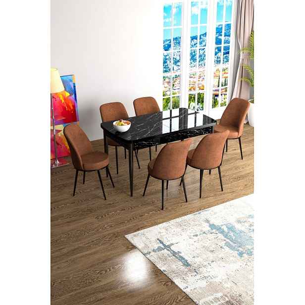 Extendable Dining Table & Chairs Set (7 Pieces) Han - Black Marble, Tile Red