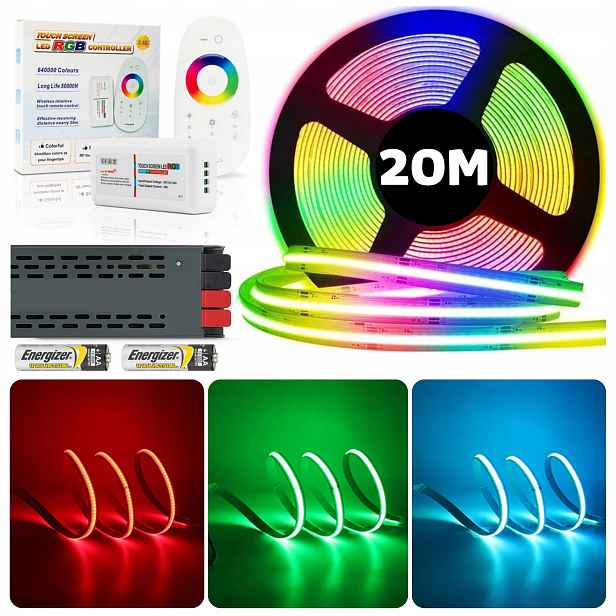 Set 20M Led pásek Cob Rgb 840 diod 15W 24V s dálkovým ovládáním a napájecím zdrojem