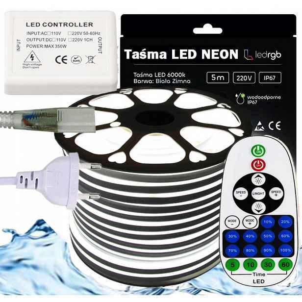Set Led pásek Neon 230V 5m 6000K Bílý Studený Napájecí Zdroj Ovladač Dálkový Ovladač Ir
