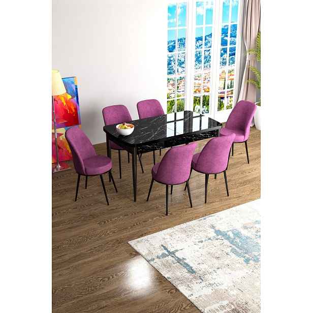 Extendable Dining Table & Chairs Set (7 Pieces) Han - Black Marble, Purple