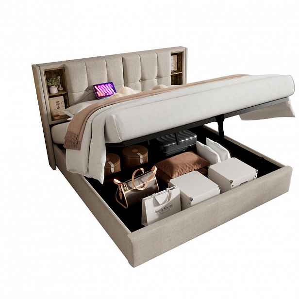 OKWISH ČALOUNĚNÁ postel 180x200 cm přírodní z lnu s bezdrátovým nabíjením, USB a úložným prostorem