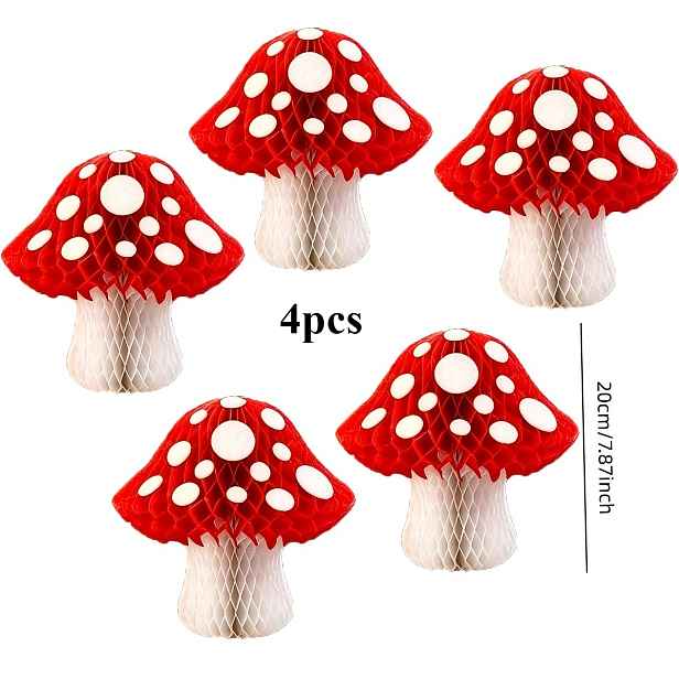 TEMU 4 ks Dekorace ve tvaru houby s voštinovým vzorem, papírové paplery ve tvaru houby, vhodné pro narozeninovou oslavu s Jungle , 3D dekorace ve