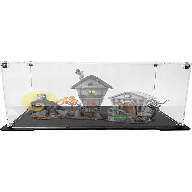 Vitrína s černou základnou pro stavebnici Lego 21351 Městečko Halloween