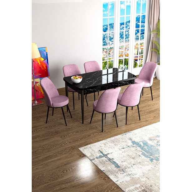Extendable Dining Table & Chairs Set (7 Pieces) Han - Black Marble, Pink