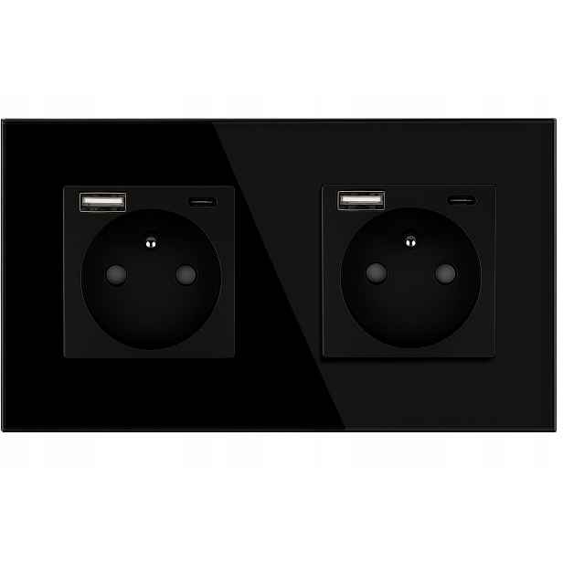 Dvojitý Kontakt Flex Zásuvka Se Skleněným Kolíkem S Usb A+c 2x1 Černá