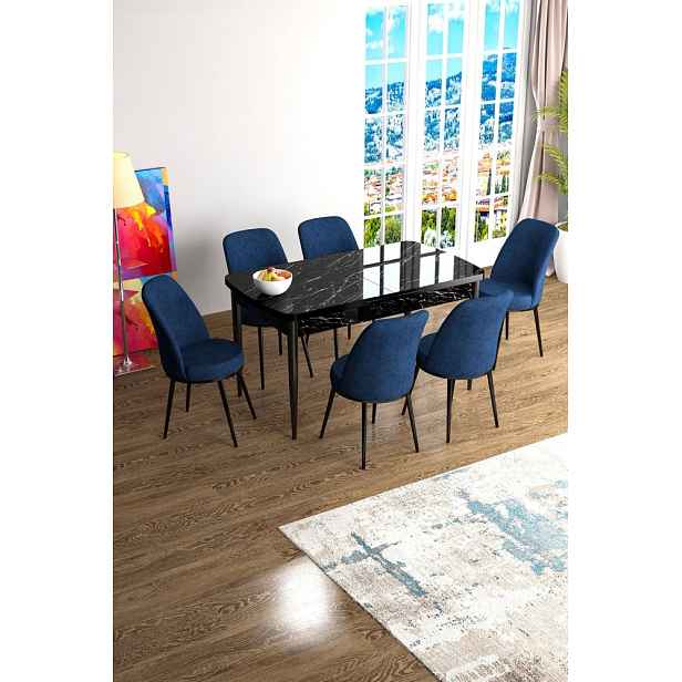 Extendable Dining Table & Chairs Set (7 Pieces) Han - Black Marble, Navy Blue