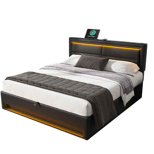 Redom ČALOUNĚNÁ postel 140/200 cm s USB portem, LED osvětlením a úložným prostorem, PU, Černá