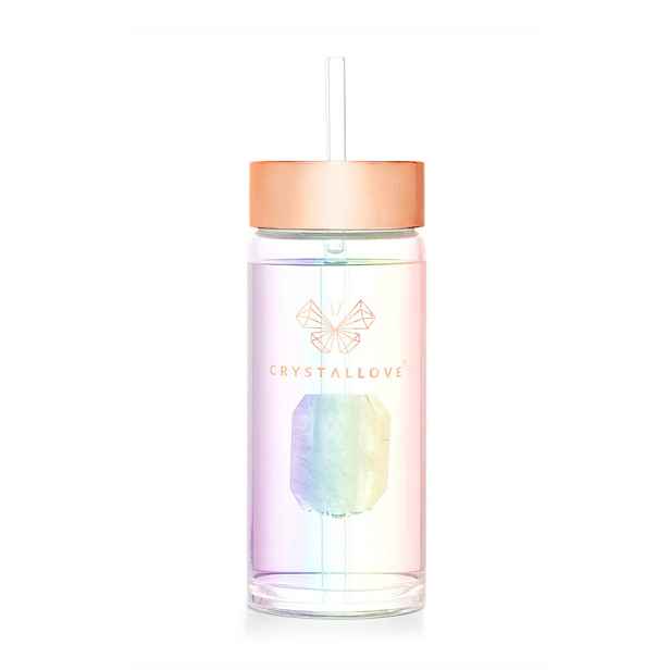 Crystallove Skleněná lahvička na vodu s křišťálem a brčkem 400 ml