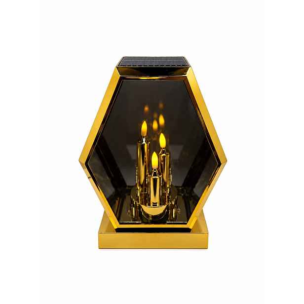 Solární lampa Kaplička Trapez se 3 svíčkami Zlatý lesk 25 cm