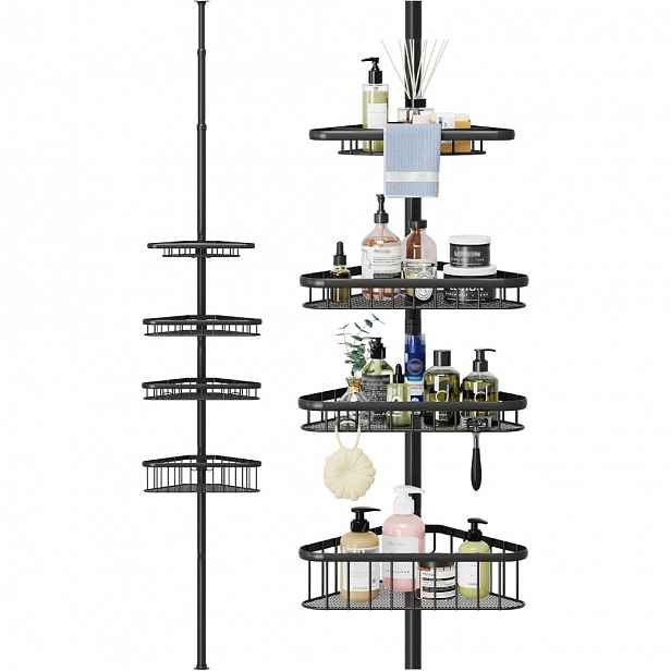 TEMU 4patrový sprchový organizér, nerezový, bez vrtání, teleskopický, nastavitelný rohový úložný stojan s košem 98CM-287cm (černý)