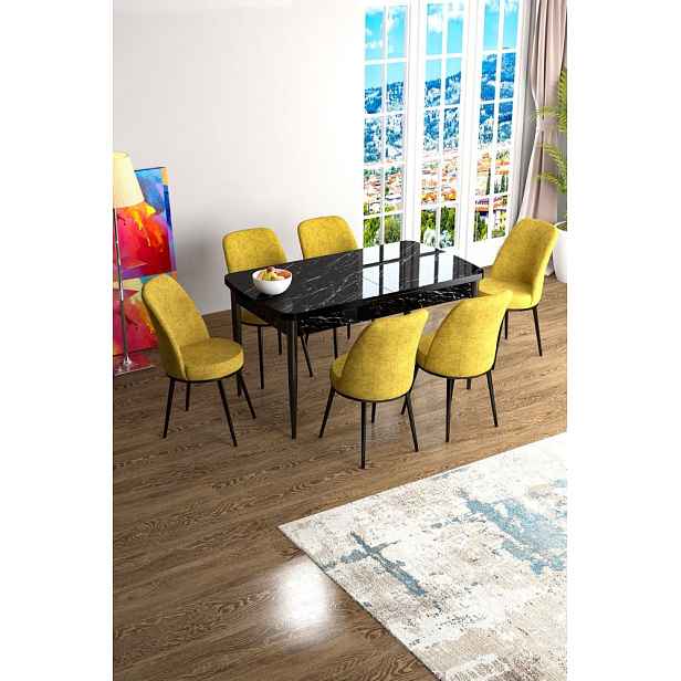 Extendable Dining Table & Chairs Set (7 Pieces) Han - Black Marble, Mustard