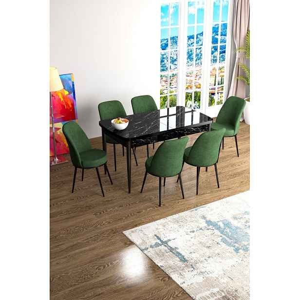 Extendable Dining Table & Chairs Set (7 Pieces) Han - Black Marble, Khaki