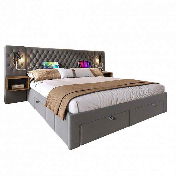 Modfu ČALOUNĚNÁ postel ze sametu 160x200 cm šedá s matrací, USB/Type-C porty, LED čtecími světly, 2 stolky a 4 zásuvkami