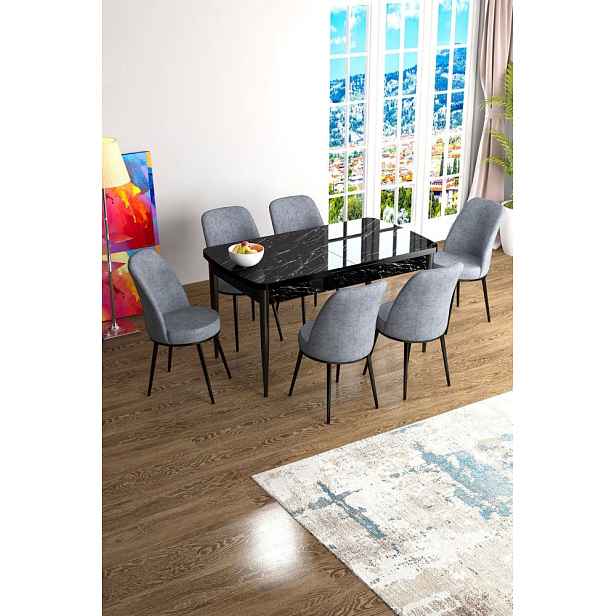 Extendable Dining Table & Chairs Set (7 Pieces) Han - Black Marble, Grey