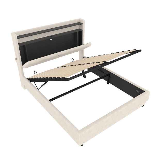 Redom ČALOUNĚNÁ postel 140/200 cm s LED osvětlením, USB a USB-C, úložným prostorem, sametová, Béžová