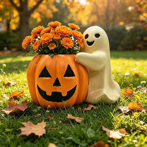 TEMU Halloweenský duch objímající dýně květináč, váza na sušené květiny, podzimní stolní dekorace pro sklizeň