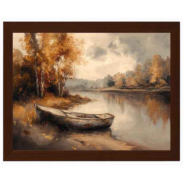 Plakát Rámeček Dřevo Podzimní Krajina Loďka Řeka Zlatá Podzim 80x60