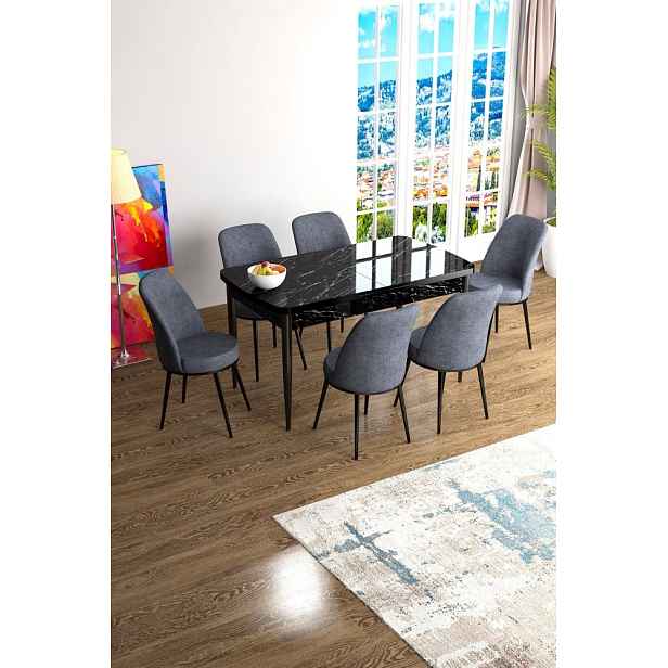 Extendable Dining Table & Chairs Set (7 Pieces) Han - Black Marble, Fume