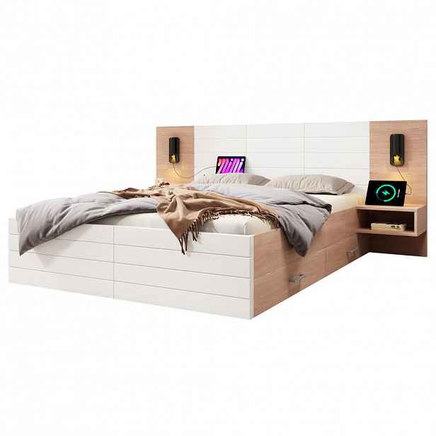 Modfu MANŽELSKÁ postel z masivního dřeva a MDF 160x200 cm bílá/světlý dub s USB, lampičkou, zásuvkami a roštem