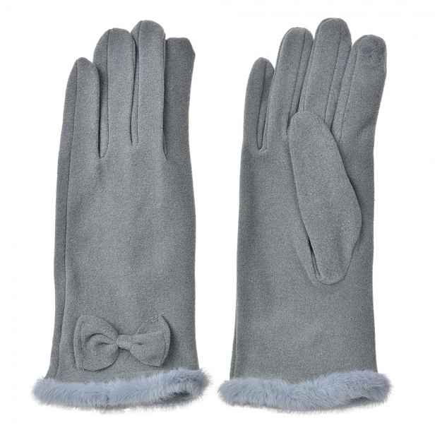 Šedé dámské rukavice s kožíškem a mašičkou- 9*23*1 cm Clayre & Eef