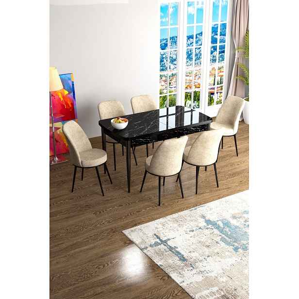 Extendable Dining Table & Chairs Set (7 Pieces) Han - Black Marble, Cream