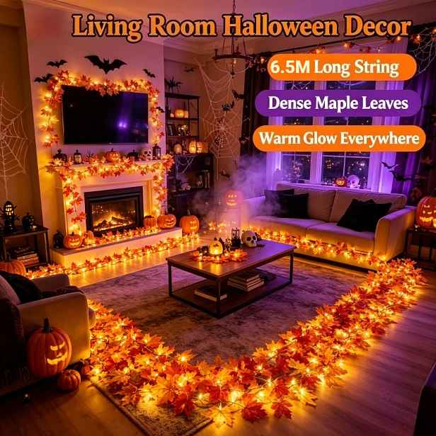 TEMU 65 LED simulovaných javorových listů řetězová světla, halloweenská dekorativní světla ve stylu javorových listů, podzimní světla ve stylu