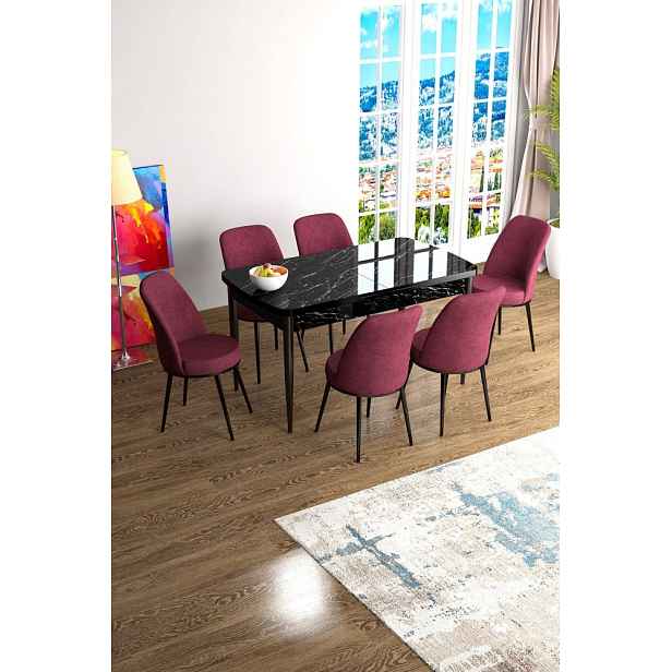 Extendable Dining Table & Chairs Set (7 Pieces) Han - Black Marble, Burgundy