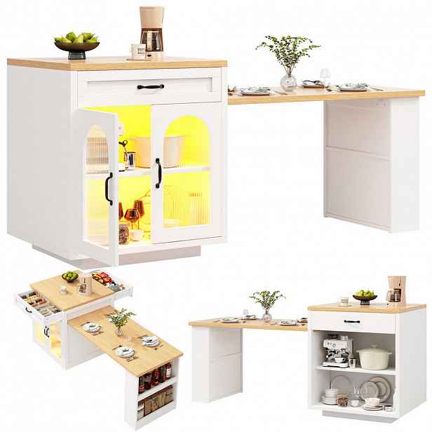 Modfu KUCHYŇSKÝ ostrůvek z MDF 126-196x59x94 cm bílý s RGB LED osvětlením, nastavitelnou deskou a úložným prostorem