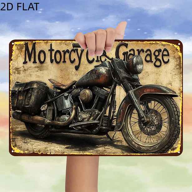 TEMU 2D plochá, 2D plochá, 1 ks, Retro "Vintage motocyklová garáž: Klasická jízda v rustikálním stylu" kovová železná cedule, předvrtané otvory,