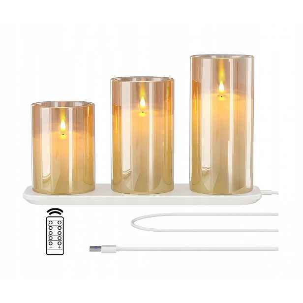 Elektrické Led Svíčky sada 3 kusů sklo Usb nabíjení bez plamene