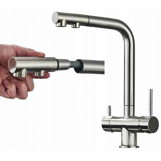 Kuchyňská třícestná baterie pro filtr Chde Inox Nero Vytahovací Sprcha Ww