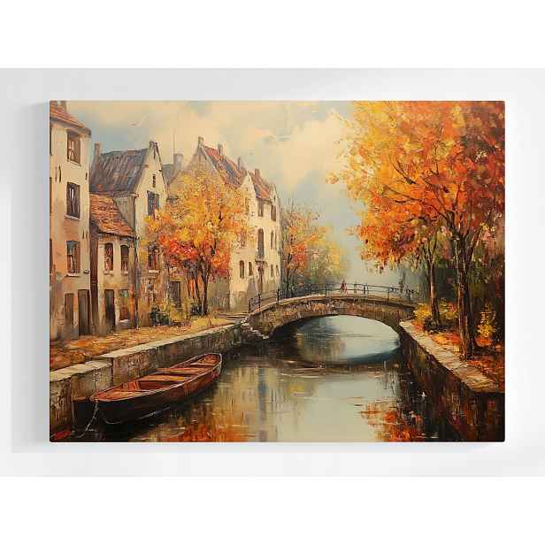 Plakát Podzimní Město Stará Řeka Kanál Most Loď 100x75
