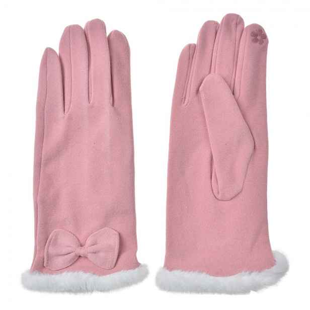 Růžové dámské rukavice s kožíškem a mašičkou - 9*23*1 cm Clayre & Eef