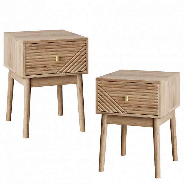 Urban Meuble NOČNÍ STOLEK sada 2 ks, dub 40 cm - Mid Century s texturovanou přední částí a kovovou úchytkou