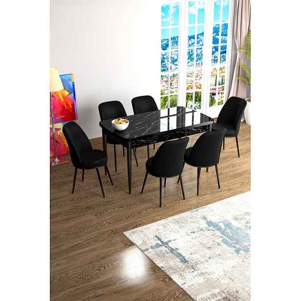 Extendable Dining Table & Chairs Set (7 Pieces) Han - Black Marble, Black