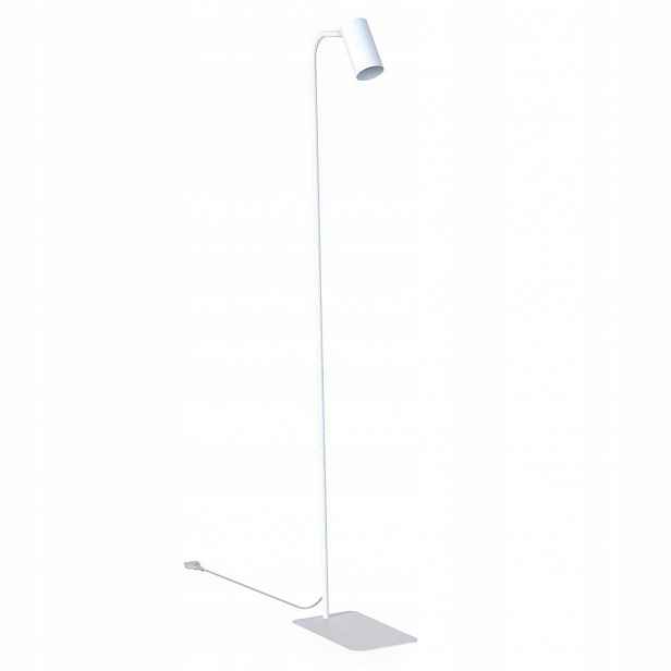 Bílá podlahová lampa Mono je moderní vedle křesla v obývacím pokoji Nowodvorski