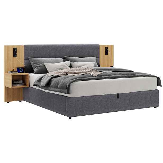 Redom SAMETOVÁ postel 160/200 cm s USB, osvětlením, hydraulickým úložným prostorem a 2 nočními stolky, Přírodní/Šedá