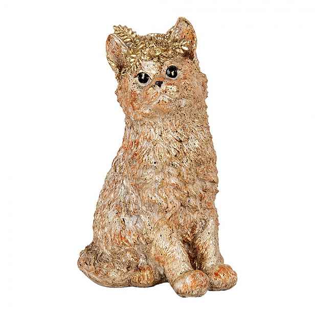 Dekorace béžová kočka se zlatou patinou a květinou - 16*14*25 cm Clayre & Eef