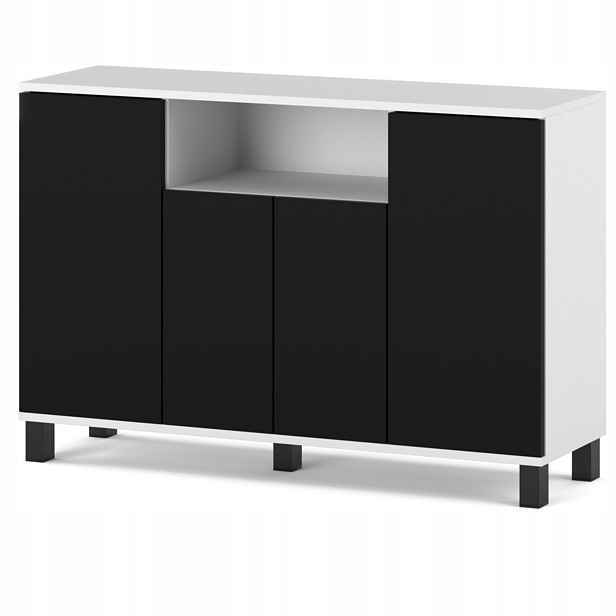 Komoda Bílá Černá 120 CM 4 Dvířka Moderní Rtv Skříňka Do Obývacího Pokoje Ložnice