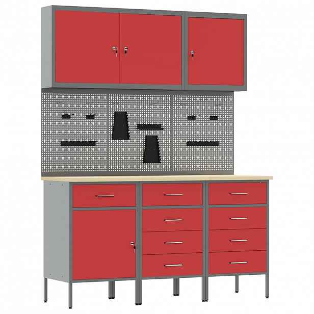 vidaXL Pracovní skříň 8 ks Červená a šedá Inženýrské dřevo a ocel