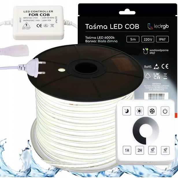 Set Led pásek Cob 230V 5m 6000K Bílý Studený Napájecí Zdroj Ovladač Dálkový Ovladač Rf