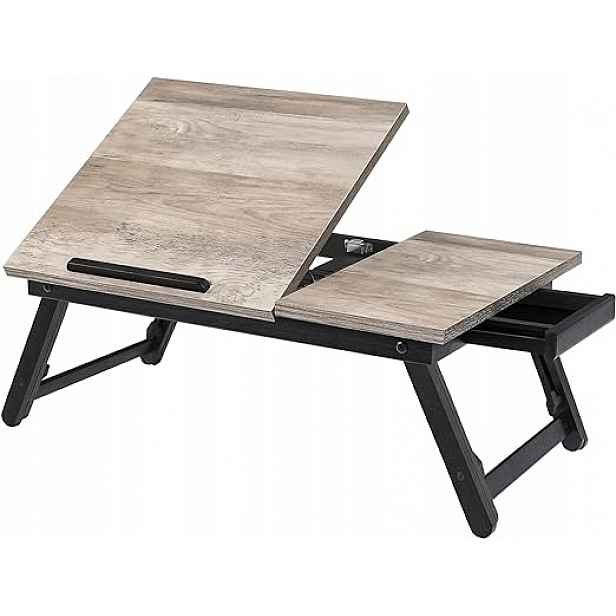 Snídaňový podnos, stolek pod notebook Songmics, skládací, bambus, šedá barva