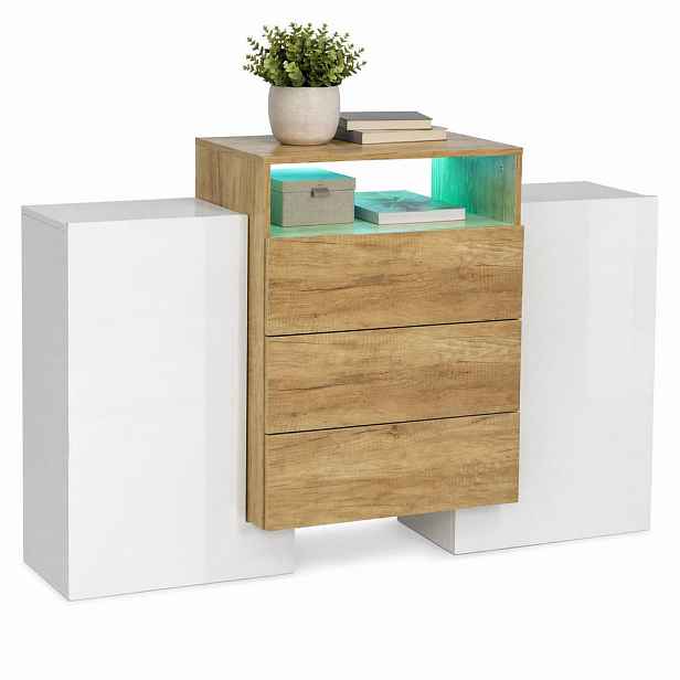 STILVORA KUCHYŇSKÁ SKŘÍŇ bílá, LED světelné efekty, do obývacího pokoje a ložnice, 140×30×77,5 cm
