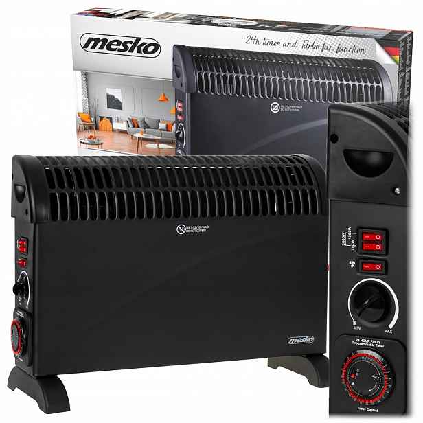 Elektrický Konvektorový Ohřívač Farelka Časovač Turbo Přívod Vzduchu 2000 W Černý