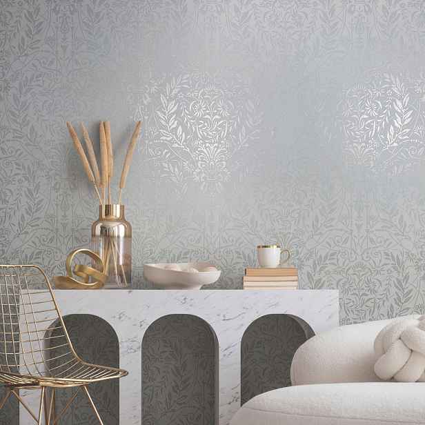 Bílá tapeta na zeď do pokoje ornamenty stříbrné vzorované rostlinné tapety